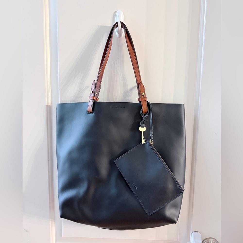 Leather Tote Bag with Pouch - Black with Brown Straps